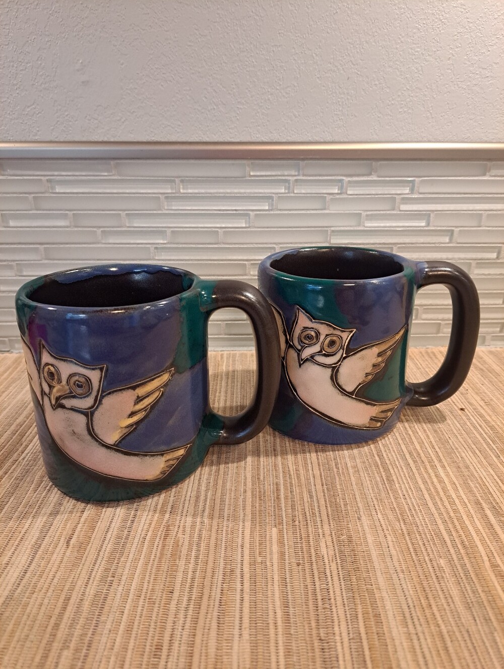 2 MARA Coffee Cup Butterfly And Owl Mug DESIGN BY MARA Mexico Pottery 16 Oz HEAV